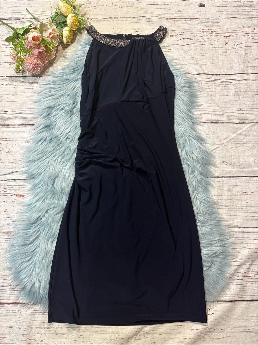 Lauren Ralph Lauren Evening Navy Rhinestone Embellished Halter Ruched Dress